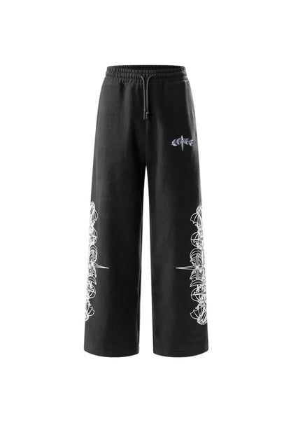 【THE BOY HAS NO PATIENCE】 LUMINOUS DAWN ASTRAL LOGO FLOCKED PANTS 正面全体画像