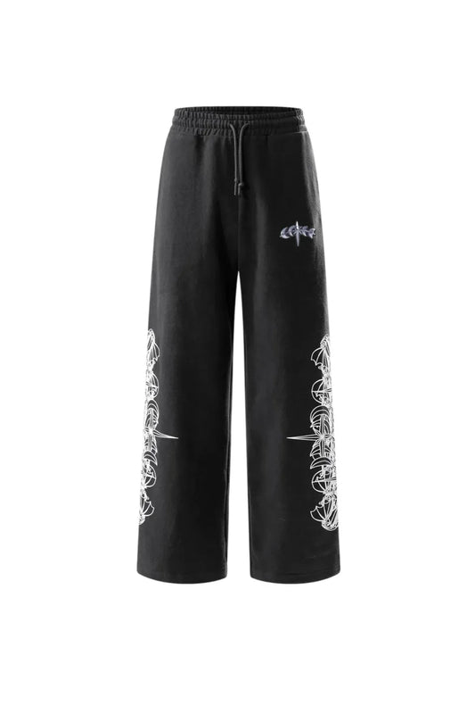 【THE BOY HAS NO PATIENCE】 LUMINOUS DAWN ASTRAL LOGO FLOCKED PANTS 正面全体画像