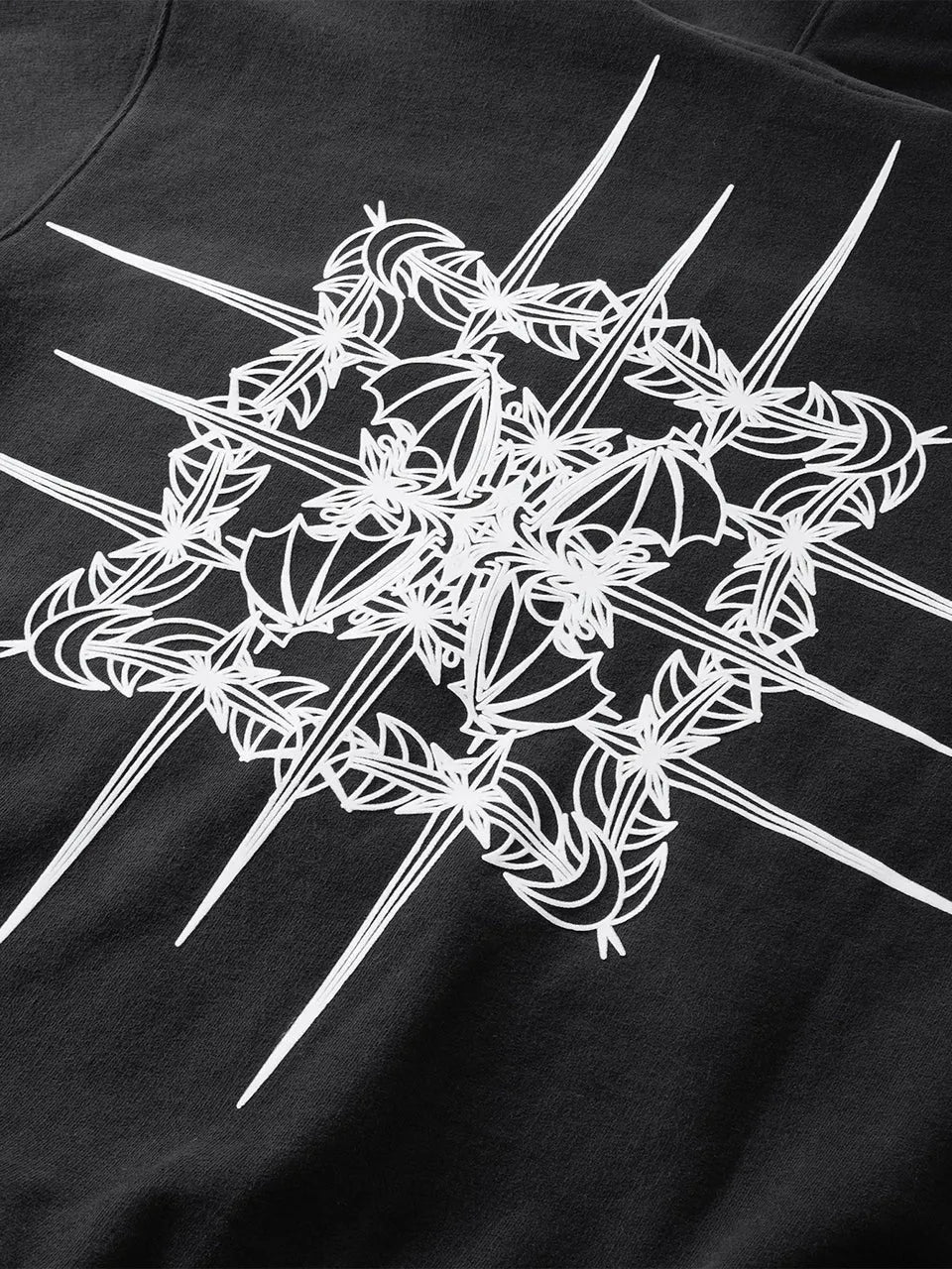 【THE BOY HAS NO PATIENCE】 LUMINOUS DAWN ASTRAL LOGO FLOCKED ZIP HOODIE 背面フロッキープリント詳細