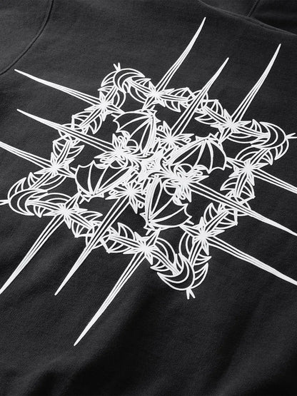 【THE BOY HAS NO PATIENCE】 LUMINOUS DAWN ASTRAL LOGO FLOCKED ZIP HOODIE 背面フロッキープリント詳細