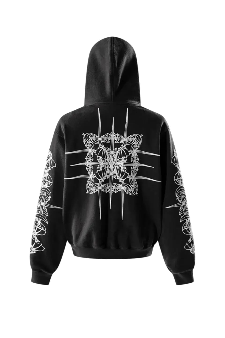 【THE BOY HAS NO PATIENCE】 LUMINOUS DAWN ASTRAL LOGO FLOCKED ZIP HOODIE 背面トーテムプリント全体画像