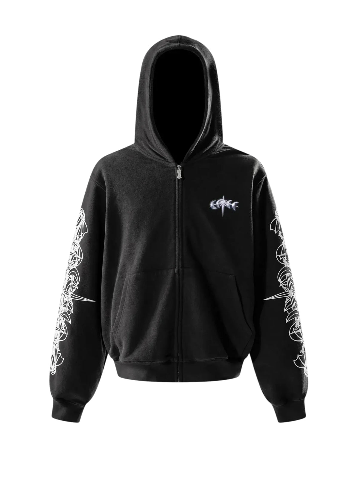 【THE BOY HAS NO PATIENCE】 LUMINOUS DAWN ASTRAL LOGO FLOCKED ZIP HOODIE （ブラック） 正面全体画像
