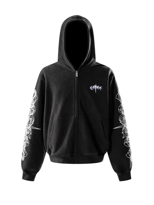 【THE BOY HAS NO PATIENCE】 LUMINOUS DAWN ASTRAL LOGO FLOCKED ZIP HOODIE （ブラック） 正面全体画像