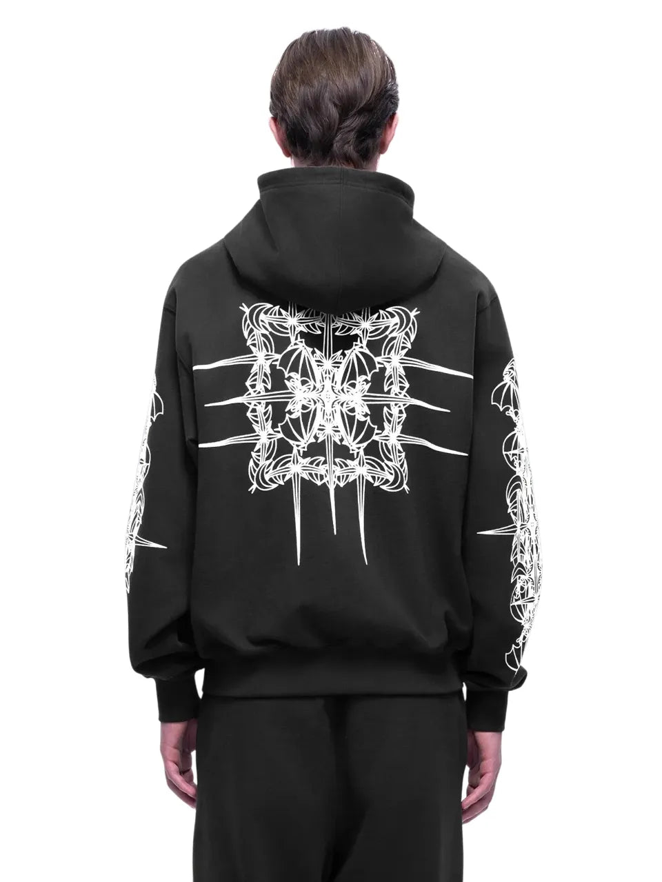 【THE BOY HAS NO PATIENCE】 LUMINOUS DAWN ASTRAL LOGO FLOCKED ZIP HOODIE （DARK GRAY） バックグラフィックプリント ジップアップパーカー 背面着用