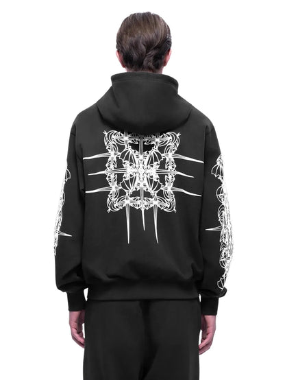 【THE BOY HAS NO PATIENCE】 LUMINOUS DAWN ASTRAL LOGO FLOCKED ZIP HOODIE （DARK GRAY） バックグラフィックプリント ジップアップパーカー 背面着用