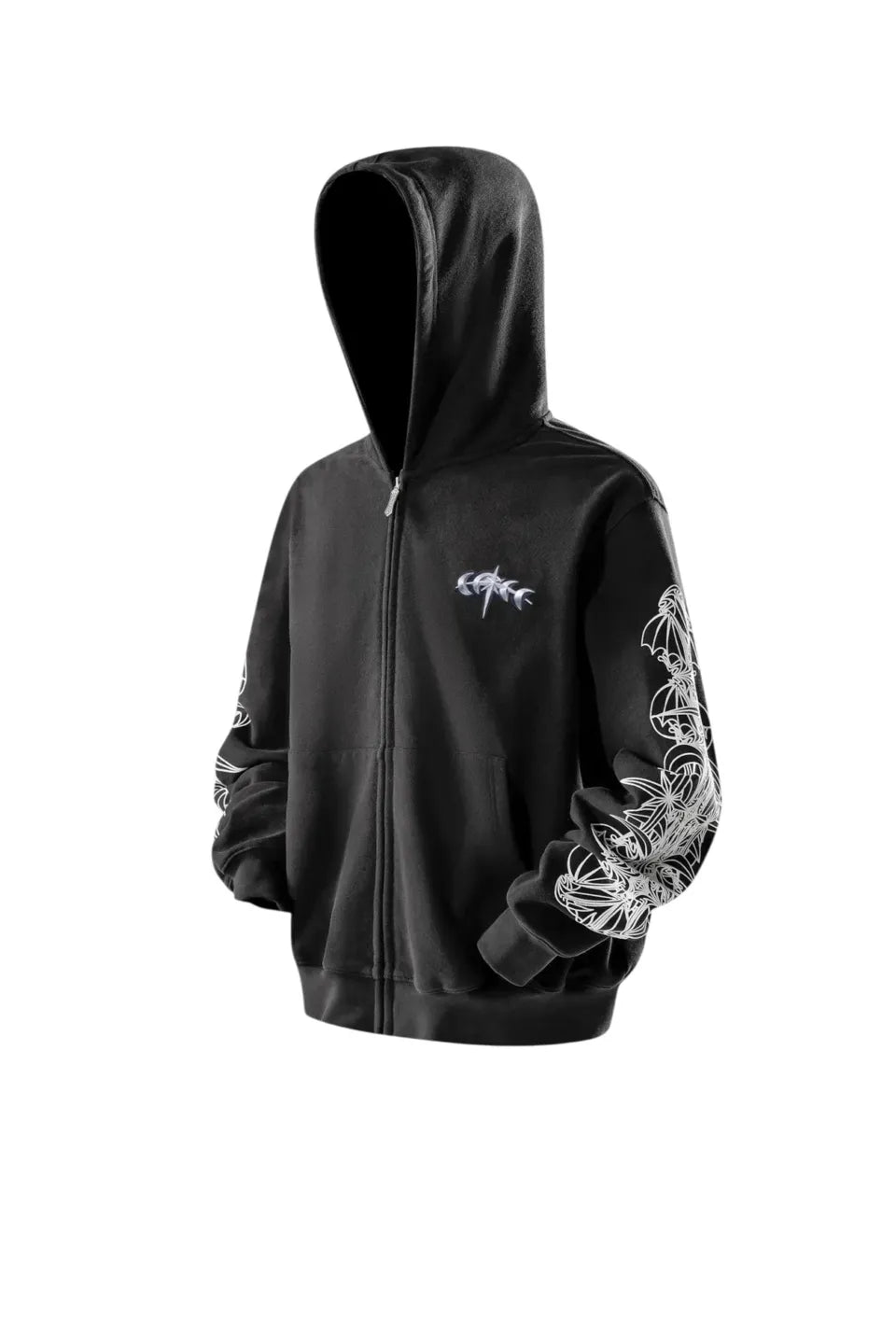 【THE BOY HAS NO PATIENCE】 LUMINOUS DAWN ASTRAL LOGO FLOCKED ZIP HOODIE （ブラック） 斜め全体画像