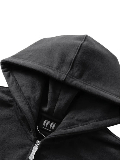 【THE BOY HAS NO PATIENCE】 LUMINOUS DAWN ASTRAL LOGO FLOCKED ZIP HOODIE フードおよびブランドタグのアップ