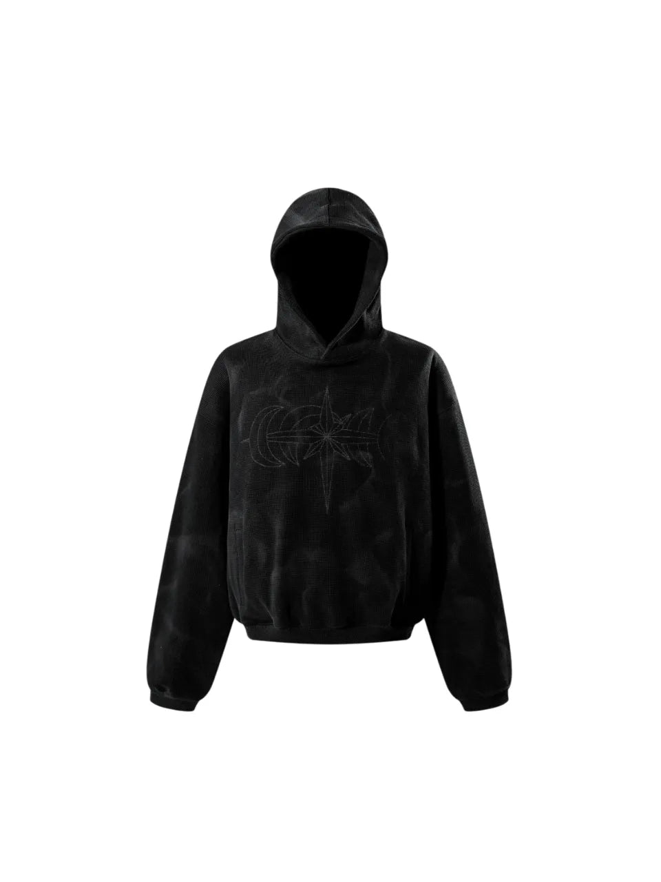 【THE BOY HAS NO PATIENCE】 LUMINOUS DAWN EMBROIDERED LOGO HOODIE （BLACK） タイダイ調サーマル生地のホワイトフーディー正面全体画像
