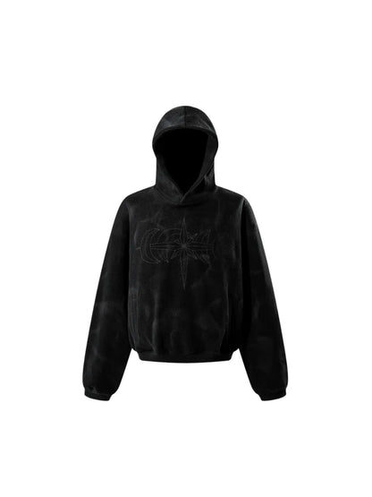 【THE BOY HAS NO PATIENCE】 LUMINOUS DAWN EMBROIDERED LOGO HOODIE （BLACK） タイダイ調サーマル生地のホワイトフーディー正面全体画像