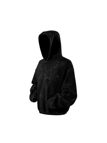 【THE BOY HAS NO PATIENCE】 LUMINOUS DAWN EMBROIDERED LOGO HOODIE （（BLACK） タイダイ調サーマル生地のホワイトフーディーサイド全体画像