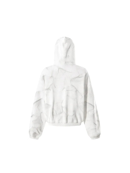 【THE BOY HAS NO PATIENCE】 LUMINOUS DAWN EMBROIDERED LOGO HOODIE （WHITE） タイダイ調サーマル生地のホワイトフーディー背面全体画像