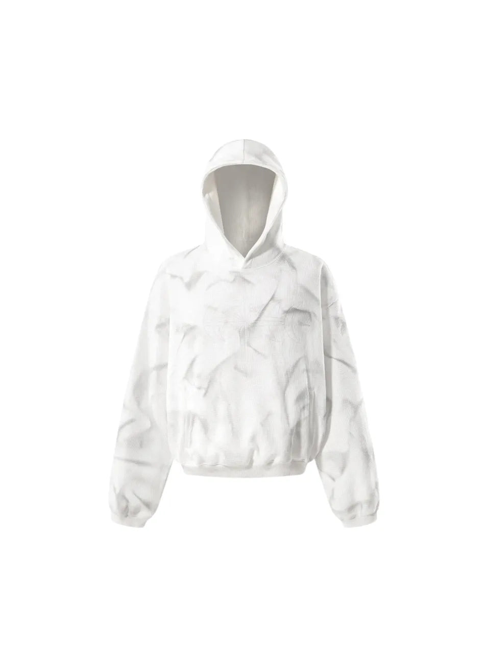 【THE BOY HAS NO PATIENCE】 LUMINOUS DAWN EMBROIDERED LOGO HOODIE （WHITE） タイダイ調サーマル生地のホワイトフーディー正面全体画像