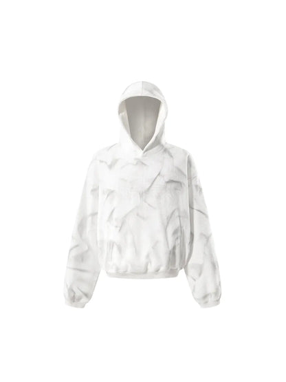 【THE BOY HAS NO PATIENCE】 LUMINOUS DAWN EMBROIDERED LOGO HOODIE （WHITE） タイダイ調サーマル生地のホワイトフーディー正面全体画像