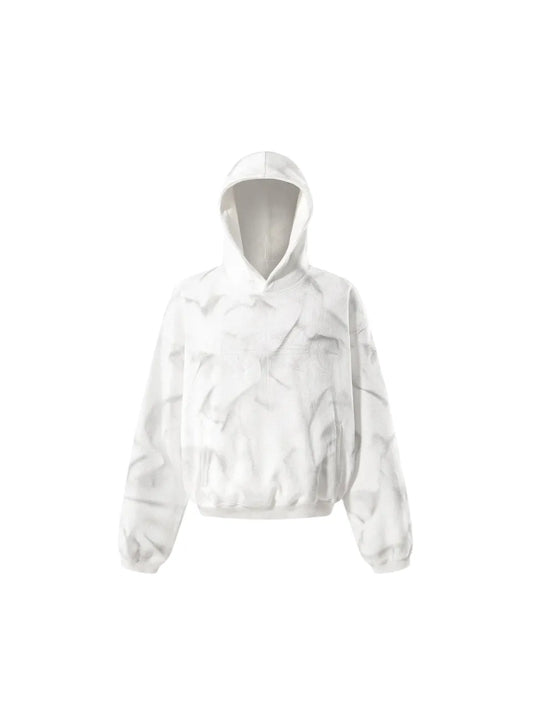 【THE BOY HAS NO PATIENCE】 LUMINOUS DAWN EMBROIDERED LOGO HOODIE （WHITE） タイダイ調サーマル生地のホワイトフーディー正面全体画像