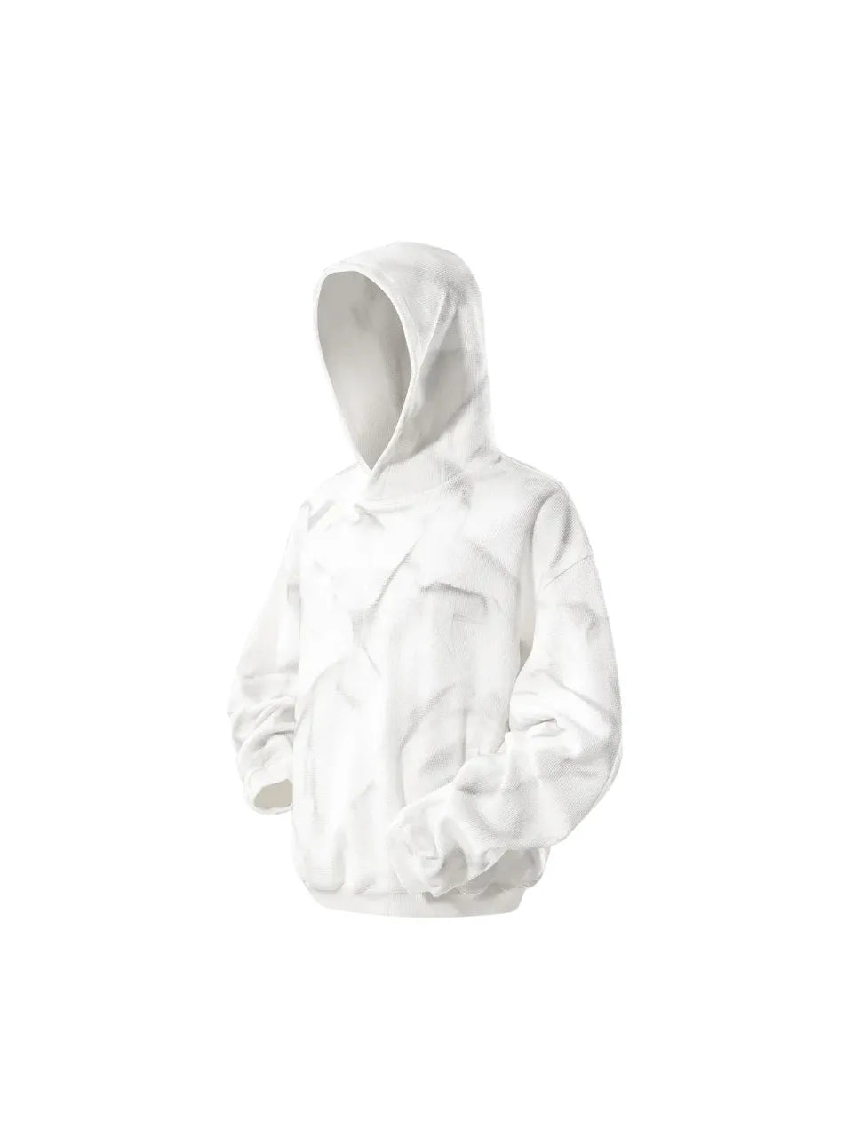 【THE BOY HAS NO PATIENCE】 LUMINOUS DAWN EMBROIDERED LOGO HOODIE （WHITE） タイダイ調サーマル生地のホワイトフーディーサイド全体画像
