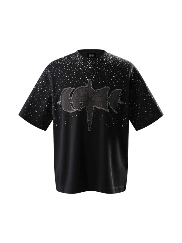 THE BOY HAS NO PATIENCE LUMINOUS DAWN RHINESTONE TEE ブラックの正面立体画像。