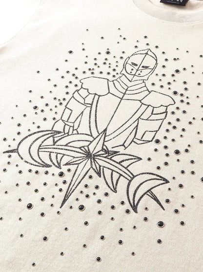 THE BOY HAS NO PATIENCE Tシャツ フロントスケッチナイトプリント＆放射状ラインストーンディテール