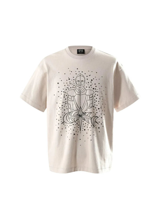 THE BOY HAS NO PATIENCE LUMINOUS DAWN SKETCH KNIGHT TEE ベージュ 騎士プリント ラインストーン Tシャツ 立体正面フロント全体