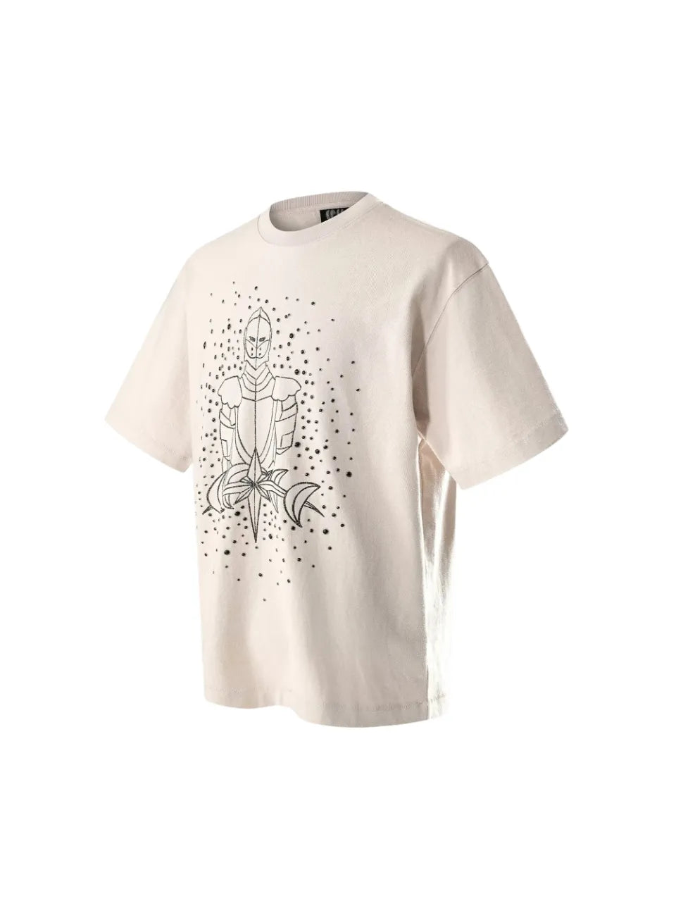 THE BOY HAS NO PATIENCE LUMINOUS DAWN SKETCH KNIGHT TEE ベージュ 騎士プリント ラインストーン Tシャツ 立体斜め全体