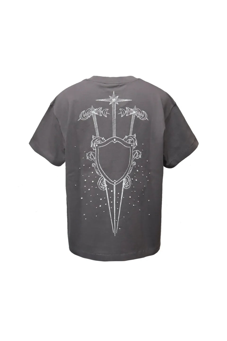 THE BOY HAS NO PATIENCE LUMINOUS DAWN SKETCH KNIGHT TEE チャコールグレー 騎士プリント ラインストーン Tシャツ 立体背面バック全体
