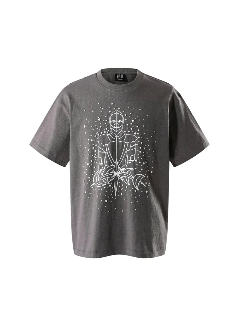 THE BOY HAS NO PATIENCE LUMINOUS DAWN SKETCH KNIGHT TEE チャコールグレー 騎士プリント ラインストーン Tシャツ 立体正面フロント全体