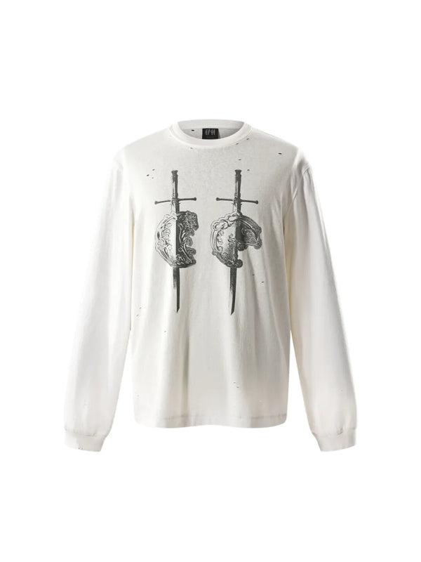 THE BOY HAS NO PATIENCE LUMINOUS DAWN SWORD & SHIELD TEE ホワイトのフロント立体画像。