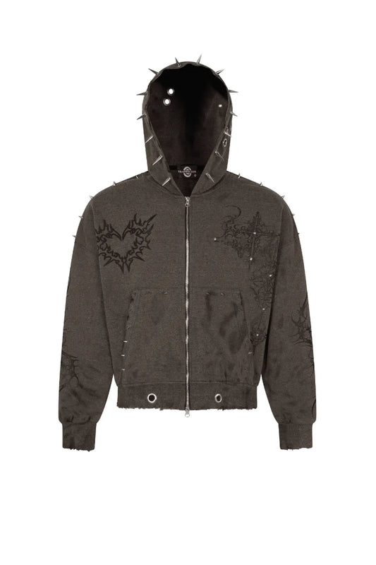 Trapper Club Grey Ritual Boxy Zip Hoodie ダークブラウンウォッシュ スパイクフード トライバルハートプリント 平置き正面フロントカット