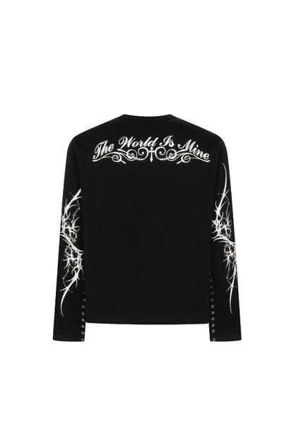 Trapper Club Hell Spine Long Sleeve Tee ブラック 袖グラフィック 背面プリント ロンT 平置きバックカット
