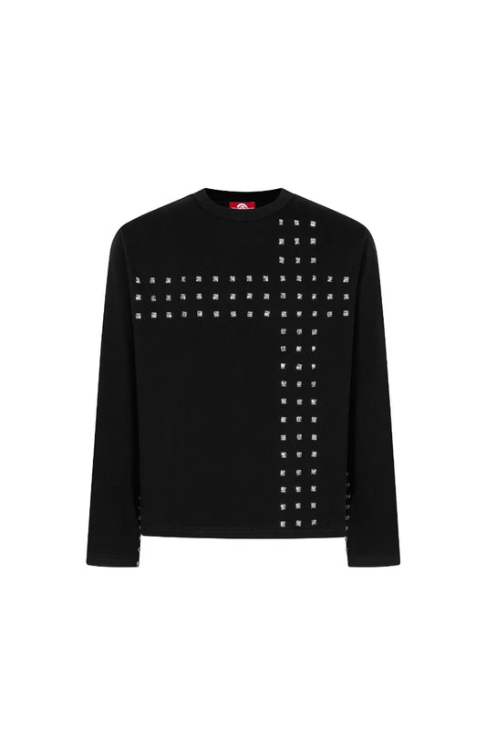 Trapper Club Hell Spine Long Sleeve Tee ブラック メタルチャームカスタム ロンT 平置き正面フロントカット