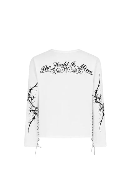 Trapper Club Hell Spine Long Sleeve Tee ホワイト 袖グラフィック 背面プリント ロンT 平置きバックカット