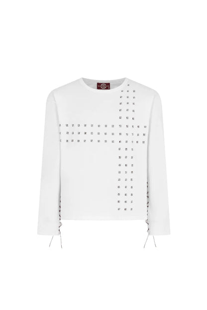 Trapper Club Hell Spine Long Sleeve Tee ホワイト メタルチャームカスタム ロンT 平置き正面フロントカット