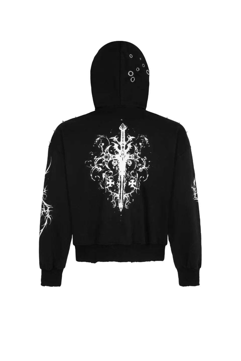 Trapper Club Holy Sword Boxy Zip Hoodie ブラック 聖剣ゴシッククロスプリント メタルスタッズジップパーカー 平置きバックカット