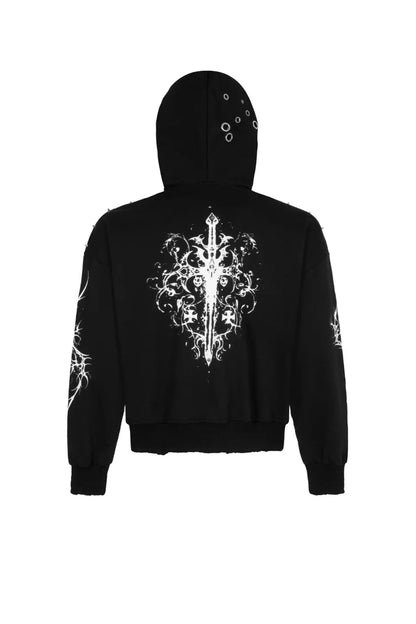 Trapper Club Holy Sword Boxy Zip Hoodie ブラック 聖剣ゴシッククロスプリント メタルスタッズジップパーカー 平置きバックカット