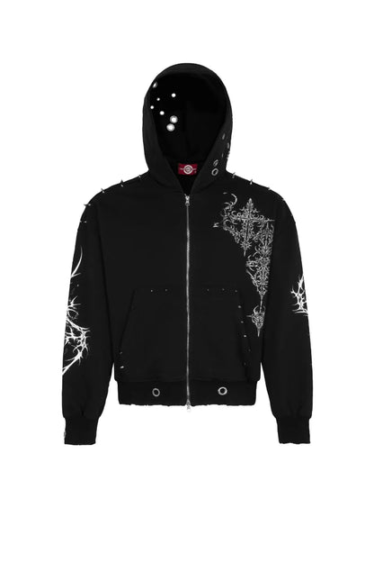 Trapper Club Holy Sword Boxy Zip Hoodie ブラック 聖剣ゴシッククロスプリント メタルスタッズ ハトメ穴あきフード 平置き正面フロントカット