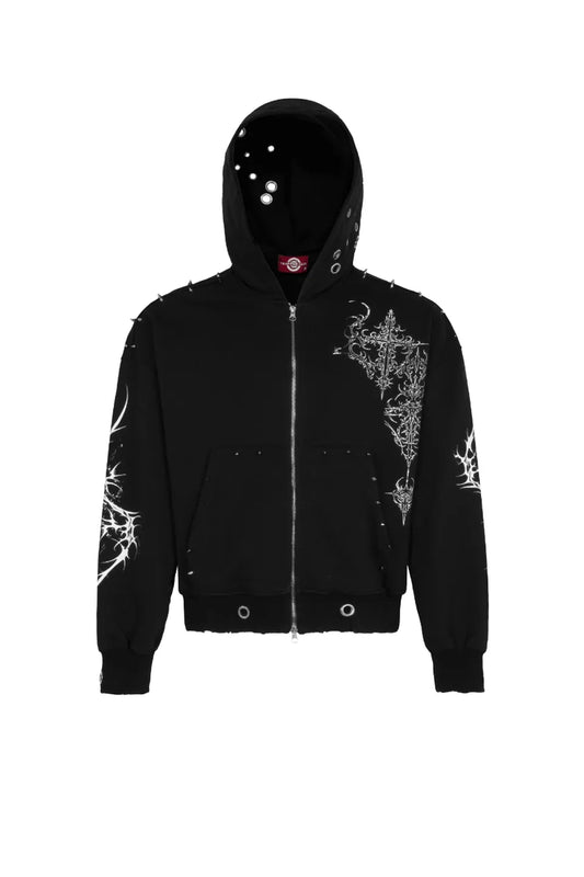 Trapper Club Holy Sword Boxy Zip Hoodie ブラック 聖剣ゴシッククロスプリント メタルスタッズ ハトメ穴あきフード 平置き正面フロントカット