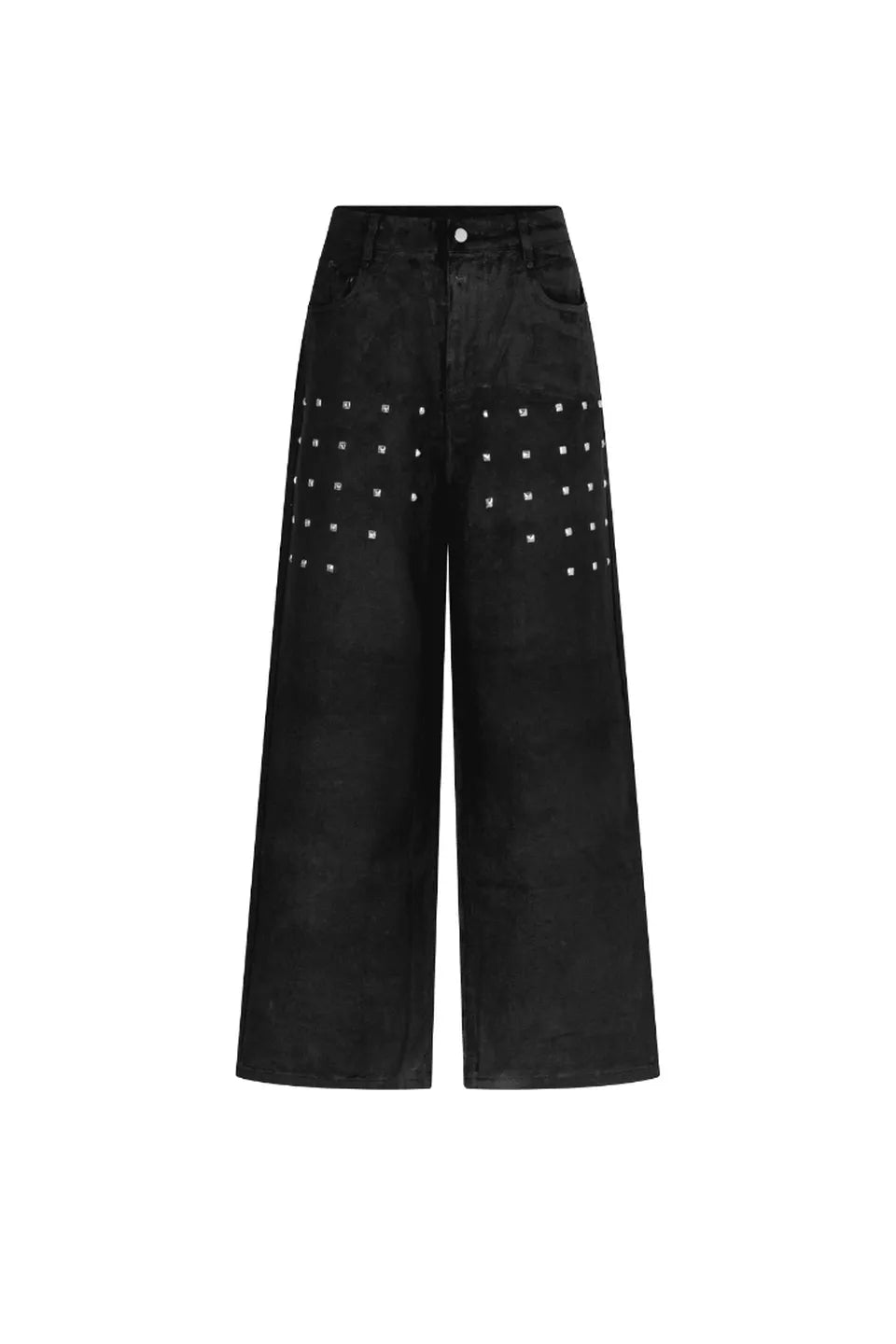 Trapper Club Steel Rite Baggy Denim コーティングブラック メタルリベット バギーデニムジーンズ 平置き正面フロントカット