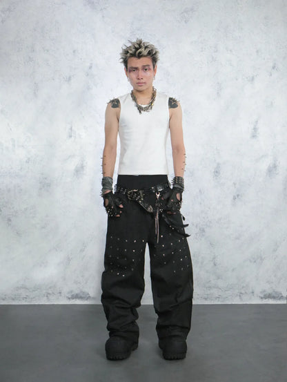 Trapper Club Steel Rite Baggy Denim コーティングブラック メタルリベット バギーデニムジーンズ タンクトップ着用モデル全身ショット