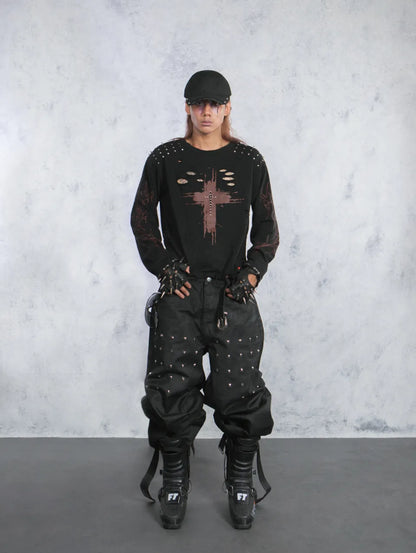 Trapper Club Steel Rite Baggy Denim コーティングブラック メタルリベット バギーデニムジーンズ ロンT・キャップ着用モデル全身正面カット