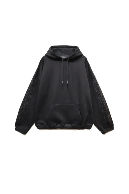 【WASTED PARIS】 BURY BOXY HOODIE （BLACK） 両袖にグラフィック刺繍を施したボクシーシルエットのフーディー正面画像